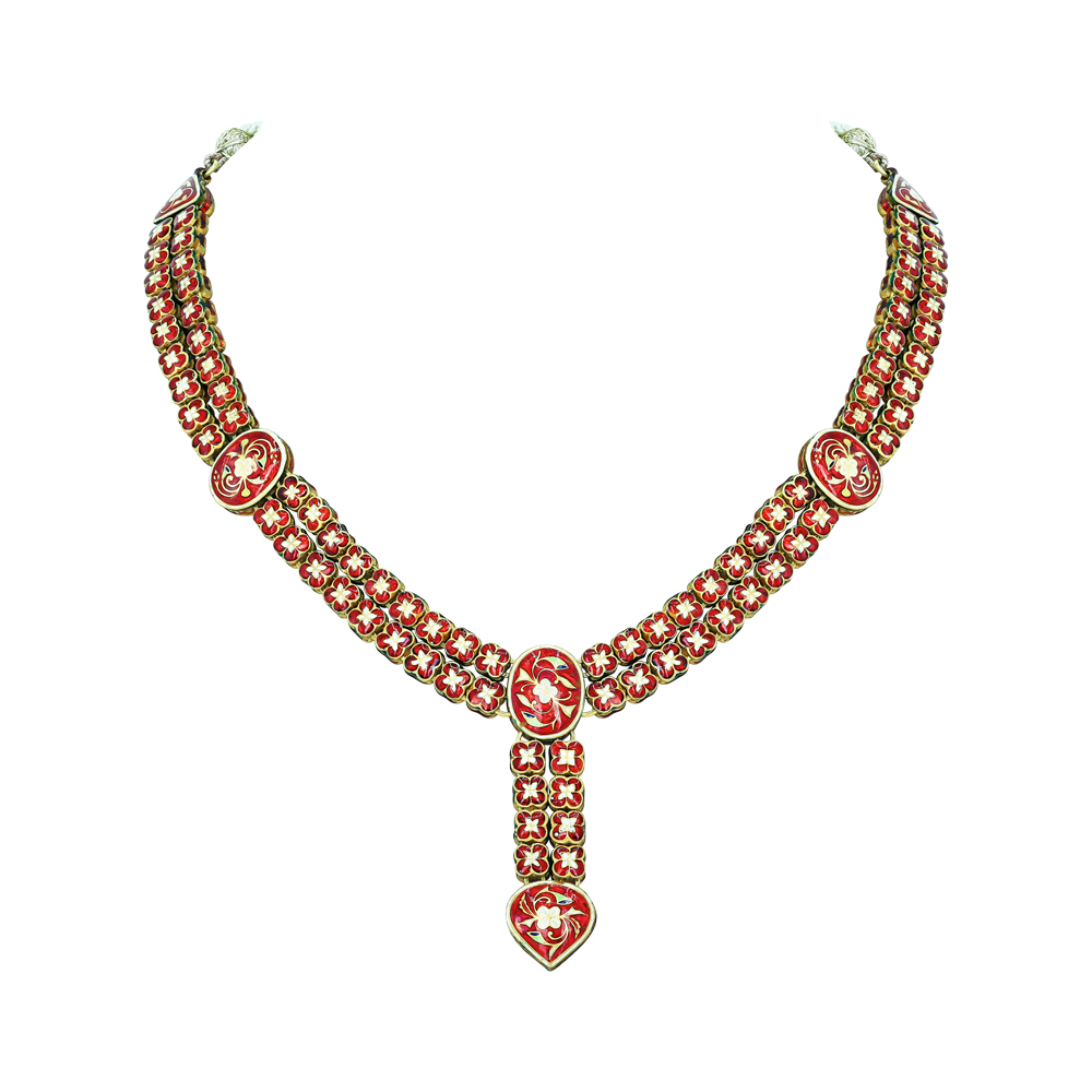 Polki Diamond Necklace Set with Deep Pink Gemstones and Drop